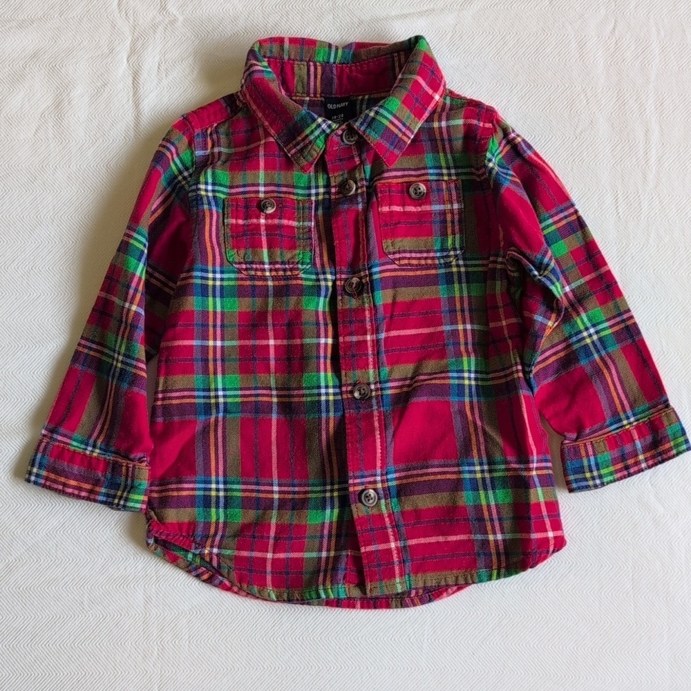 Old Navy Red Plaid Flannel Button Down 18-24M Christmas Holiday Tartan Grunge